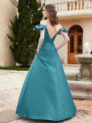 Off Shoulder Flutter Sleeves Satin Dress With Pocket Jade