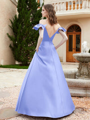 Off Shoulder Flutter Sleeves Satin Dress With Pocket Lavender
