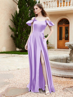 Off Shoulder Flutter Sleeves Satin Dress With Pocket Lilac