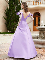 Off Shoulder Flutter Sleeves Satin Dress With Pocket Lilac