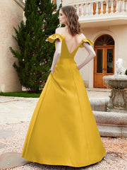 Off Shoulder Flutter Sleeves Satin Dress With Pocket Marigold
