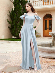 Off Shoulder Flutter Sleeves Satin Dress With Pocket Mist