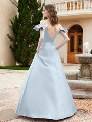Off Shoulder Flutter Sleeves Satin Dress With Pocket Mist
