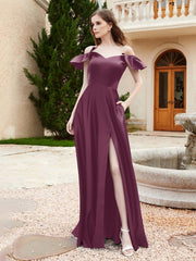 Off Shoulder Flutter Sleeves Satin Dress With Pocket Mulberry