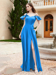 Off Shoulder Flutter Sleeves Satin Dress With Pocket Ocean Blue