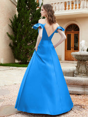 Off Shoulder Flutter Sleeves Satin Dress With Pocket Ocean Blue