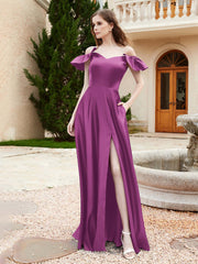 Off Shoulder Flutter Sleeves Satin Dress With Pocket Orchid