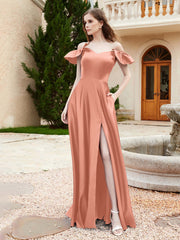 Off Shoulder Flutter Sleeves Satin Dress With Pocket Papaya