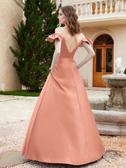 Off Shoulder Flutter Sleeves Satin Dress With Pocket Papaya