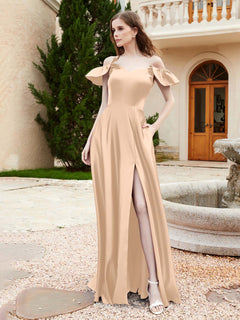 Off Shoulder Flutter Sleeves Satin Dress With Pocket Peach