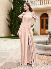 Off Shoulder Flutter Sleeves Satin Dress With Pocket Pearl Pink