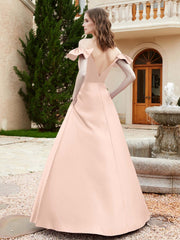 Off Shoulder Flutter Sleeves Satin Dress With Pocket Pearl Pink