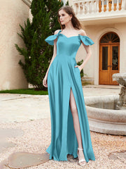 Off Shoulder Flutter Sleeves Satin Dress With Pocket Pool