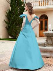 Off Shoulder Flutter Sleeves Satin Dress With Pocket Pool