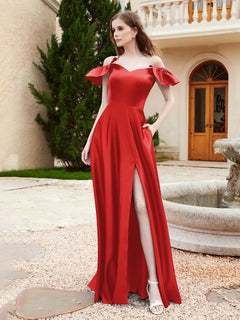 Off Shoulder Flutter Sleeves Satin Dress With Pocket Red