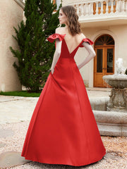Off Shoulder Flutter Sleeves Satin Dress With Pocket Red