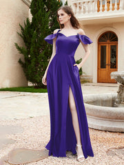 Off Shoulder Flutter Sleeves Satin Dress With Pocket Regency