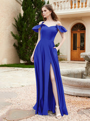 Off Shoulder Flutter Sleeves Satin Dress With Pocket Royal Blue
