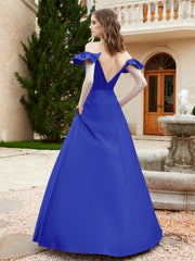 Off Shoulder Flutter Sleeves Satin Dress With Pocket Royal Blue