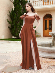 Off Shoulder Flutter Sleeves Satin Dress With Pocket Rust