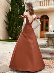 Off Shoulder Flutter Sleeves Satin Dress With Pocket Rust