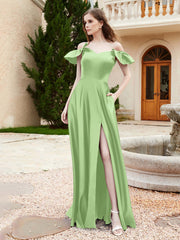 Off Shoulder Flutter Sleeves Satin Dress With Pocket Sage