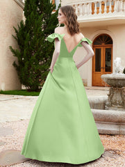 Off Shoulder Flutter Sleeves Satin Dress With Pocket Sage