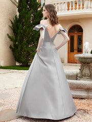 Off Shoulder Flutter Sleeves Satin Dress With Pocket Silver