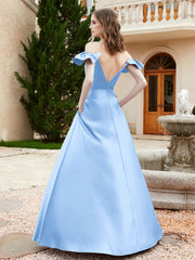 Off Shoulder Flutter Sleeves Satin Dress With Pocket Sky Blue