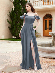 Off Shoulder Flutter Sleeves Satin Dress With Pocket Slate Blue