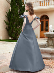 Off Shoulder Flutter Sleeves Satin Dress With Pocket Slate Blue