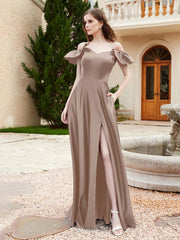 Off Shoulder Flutter Sleeves Satin Dress With Pocket Taupe