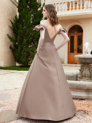 Off Shoulder Flutter Sleeves Satin Dress With Pocket Taupe