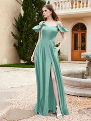 Off Shoulder Flutter Sleeves Satin Dress With Pocket Turquoise