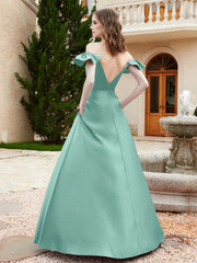 Off Shoulder Flutter Sleeves Satin Dress With Pocket Turquoise