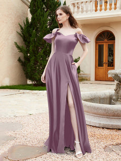 Off Shoulder Flutter Sleeves Satin Dress With Pocket Vintage Mauve