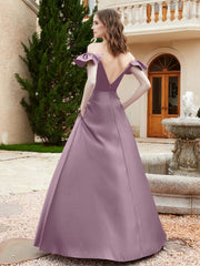 Off Shoulder Flutter Sleeves Satin Dress With Pocket Vintage Mauve