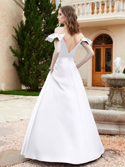 Off Shoulder Flutter Sleeves Satin Dress With Pocket White