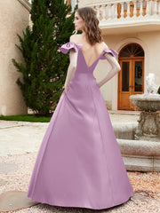 Off Shoulder Flutter Sleeves Satin Dress With Pocket Wisteria