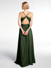 Criss-Cross Open Back Gown with Spaghetti Strap Olive Green
