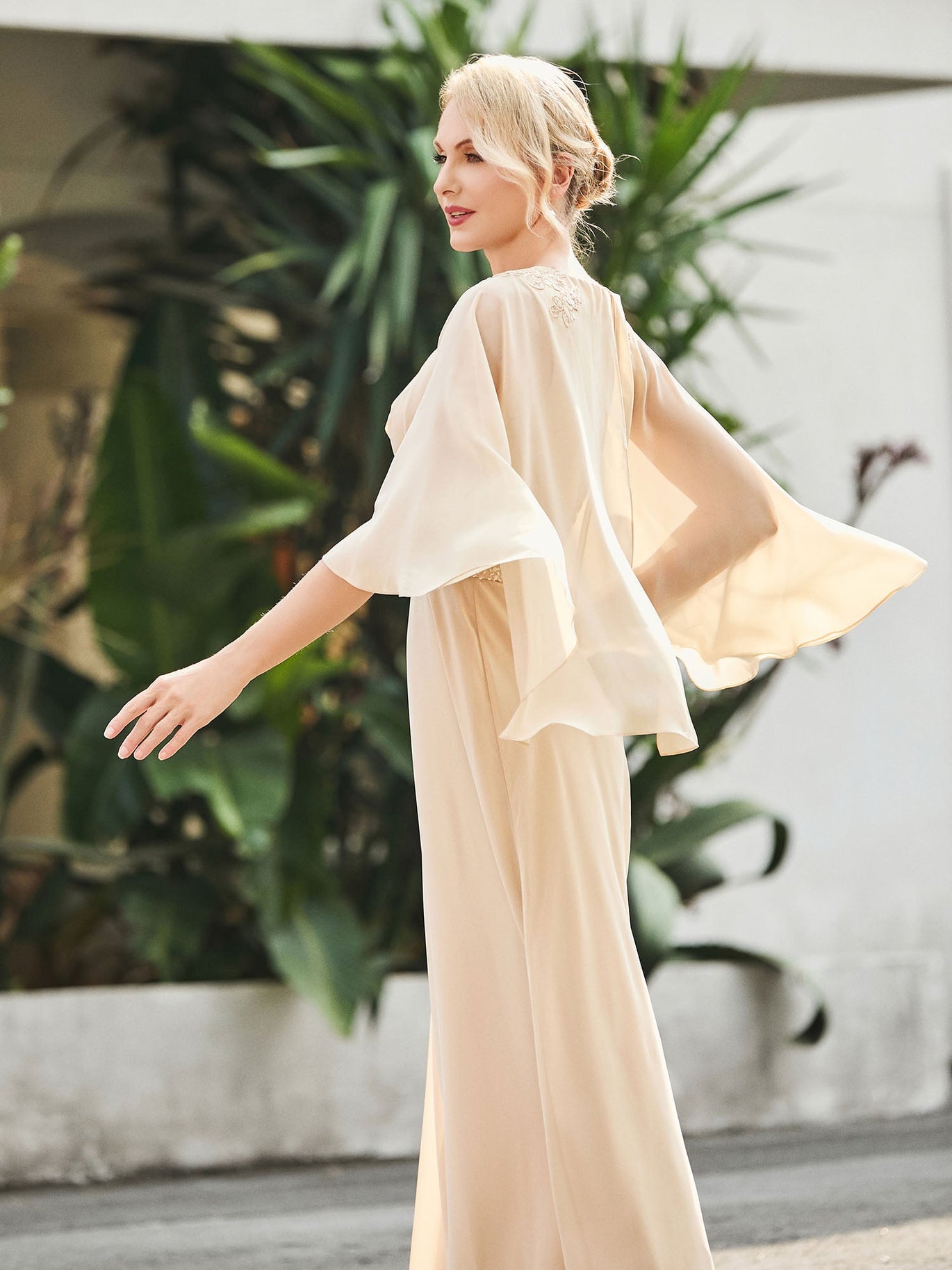 BABARONI Chiffon Champagne Mother of the Bride Dresses A-line V-neck  Floor-length Flutter Sleeves  BABARONI UK