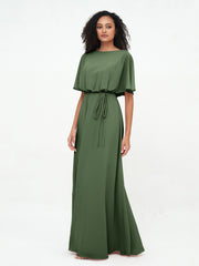 Warp Bodic Chiffon Long Dresses with Sash Bow Olive Green