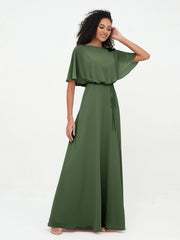 Warp Bodic Chiffon Long Dresses with Sash Bow Olive Green