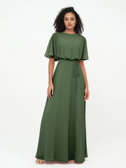 Warp Bodic Chiffon Long Dresses with Sash Bow Olive Green