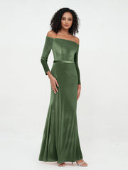 Off Shoulder Max Velvet Dresses with Long Sleeves Olive Green