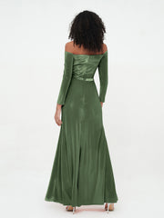 Off Shoulder Max Velvet Dresses with Long Sleeves Olive Green