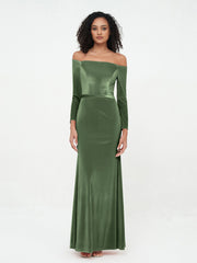 Off Shoulder Max Velvet Dresses with Long Sleeves Olive Green
