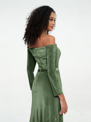 Off Shoulder Max Velvet Dresses with Long Sleeves Olive Green