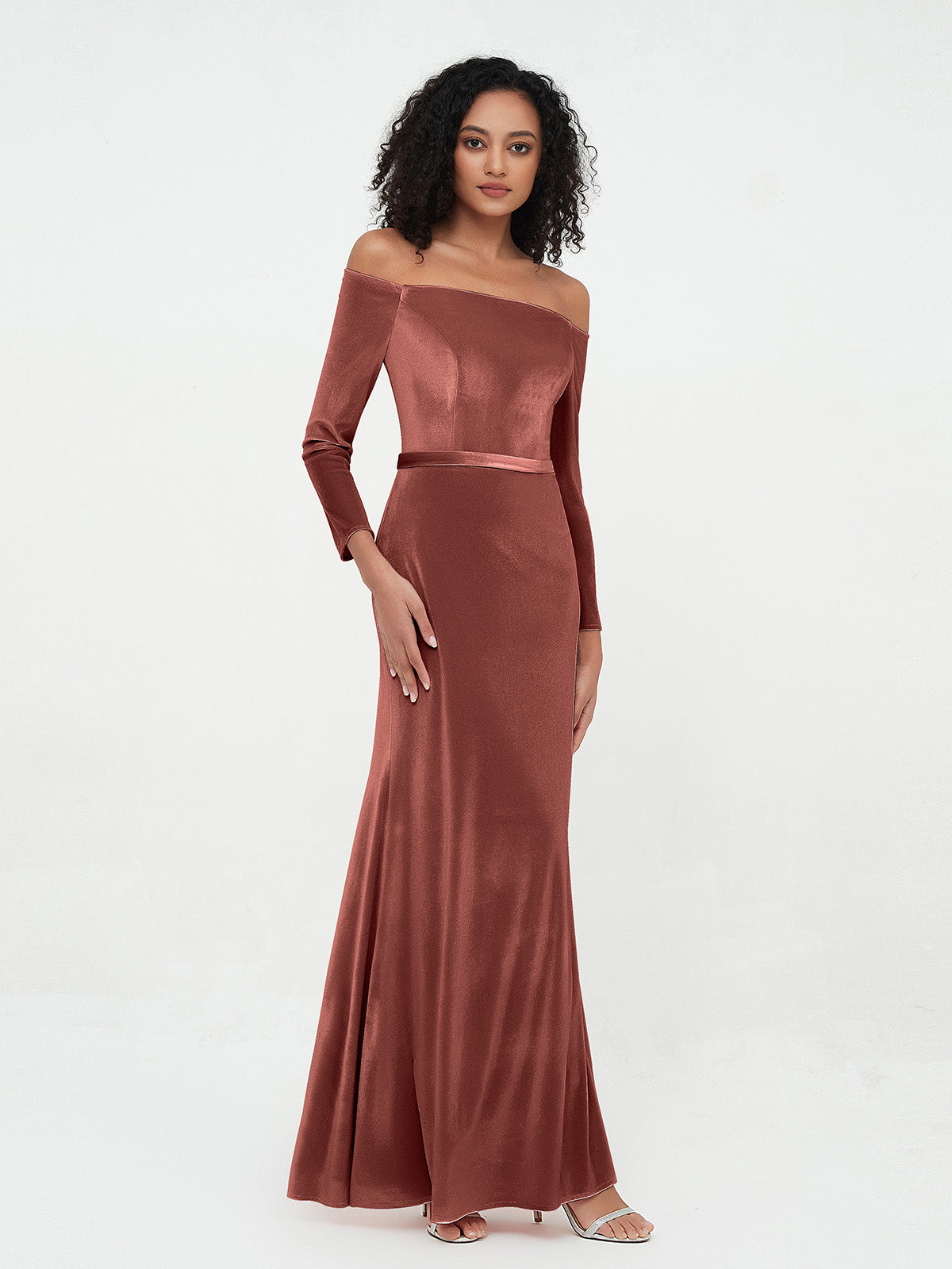 terracotta bridesmaid dresses velvet BABARONI Velvet Terracotta Bridesmaid Dresses Sheath/Column  Off-the-shoulder Floor-length Long Sleeve – BABARONI UK