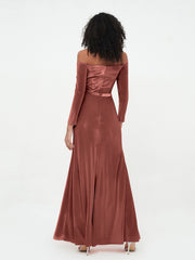 Off Shoulder Max Velvet Dresses with Long Sleeves Terracotta